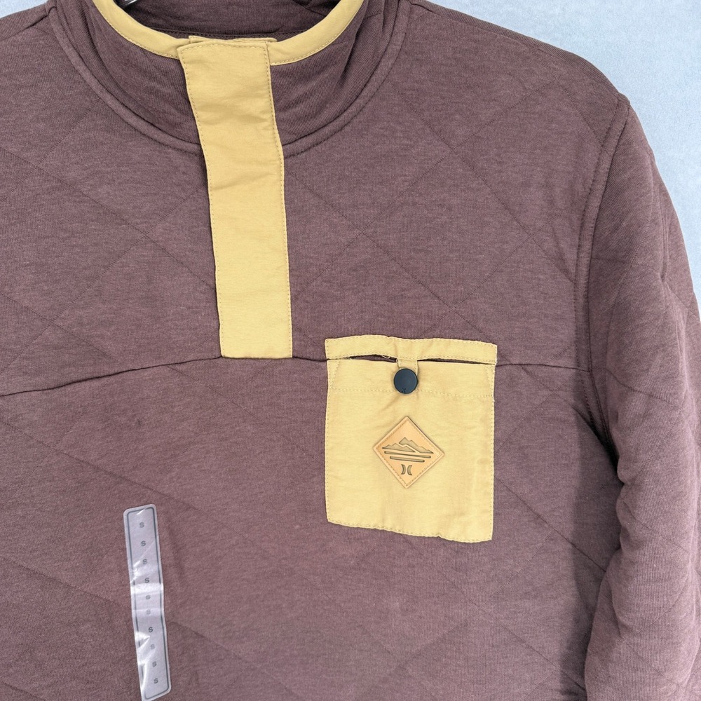 New Hurley Quilted Pullover Sweater Mens Small Brown‎ Tan 1/4 Snap Fleece Jacket